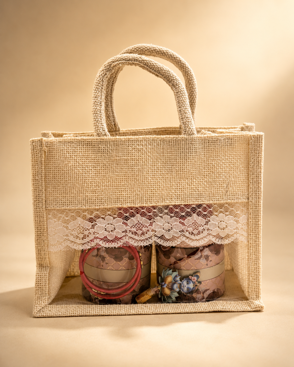 window-jute-hamper-baby-shower Window jute hamper baby shower return gift set