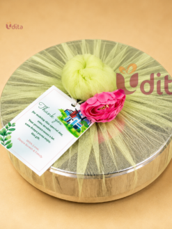 Premium wooden masala box hamper with decorative net wrapping for weddings, housewarming, baby shower, and festive return gifts.