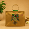 Banarasi silk jute bag with braided rope handles and traditional peacock motif, eco-friendly reusable return gift bag for weddings, festivals, housewarming, and corporate gifting.