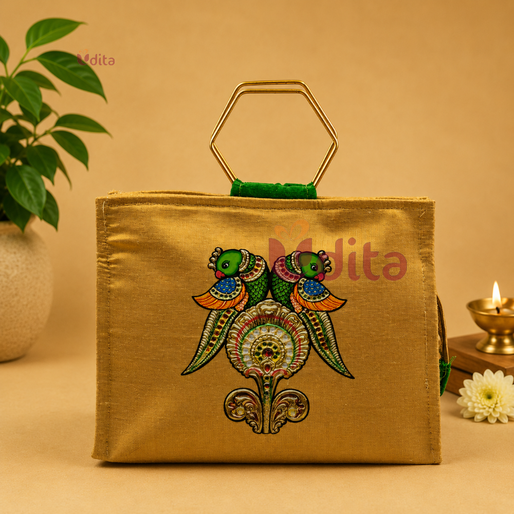 Banarasi silk jute bag with braided rope handles and traditional peacock motif, eco-friendly reusable return gift bag for weddings, festivals, housewarming, and corporate gifting.