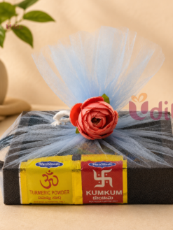 Pichwai Wooden Tray Hamper with cotton blouse piece, Haldi Kumkum, and glass bangles for Varalakshmi Vratham and return gifting.