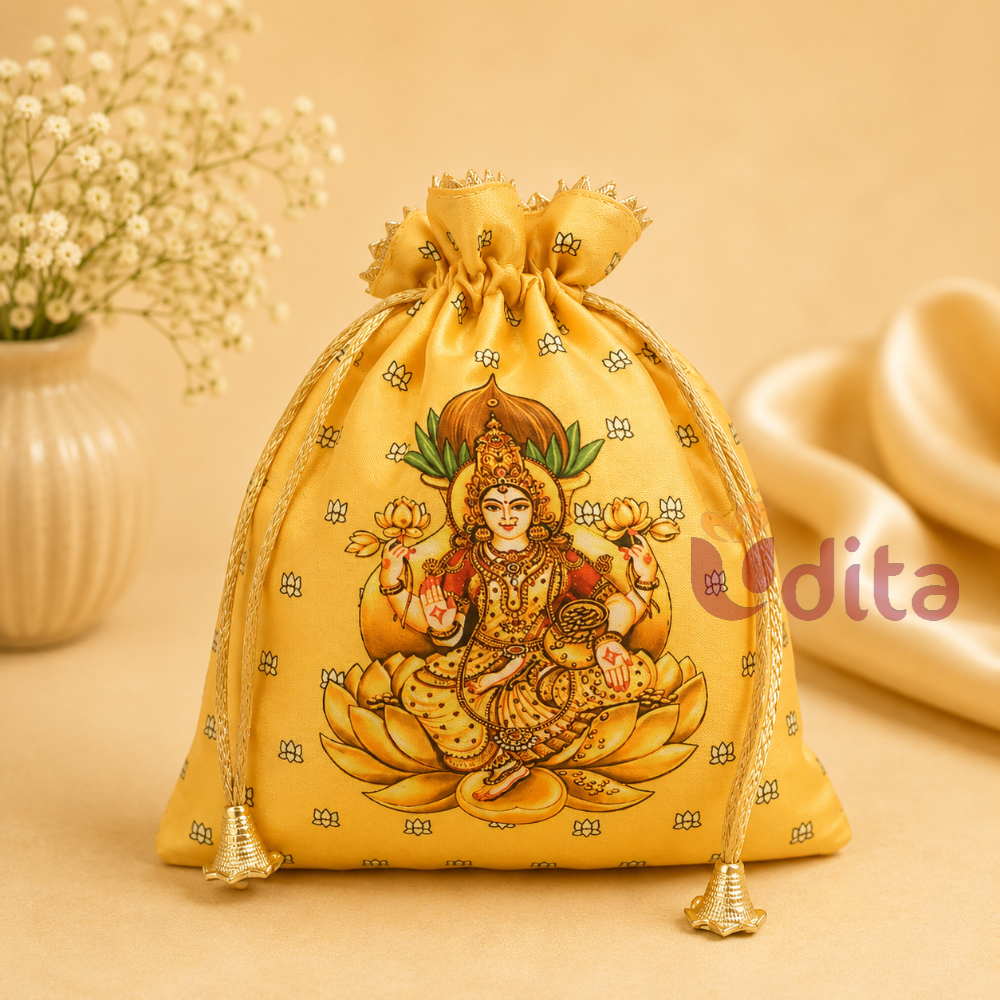 Lakshmi printed silk potli bag featuring Goddess Lakshmi seated on a lotus with elegant drawstring closure, ideal for Varalakshmi Vratham, Lakshmi Pooja, temple functions, weddings, and devotional return gifts.