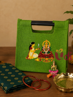 Varalakshmi Vratham Return Gift Hamper with Brass Kolam Lotus Stand & Jute Bag