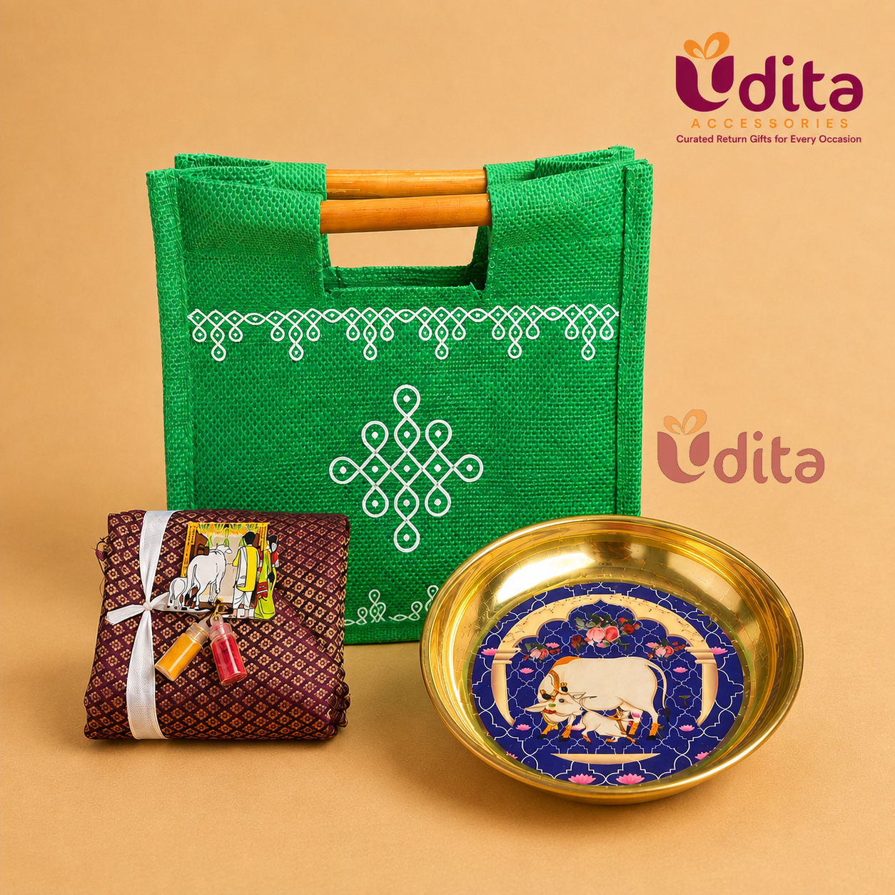 Kolam Jute Bag & Pichwai Plate Kolam jute bag and Pichwai plate housewarming return gift combo