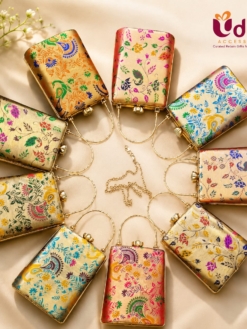 Designer Floral Metal Handle Clutch Purse for Women, Premium Floral Party Handbag, Wedding Clutch Purse with Gold Handle, Ladies Evening Clutch