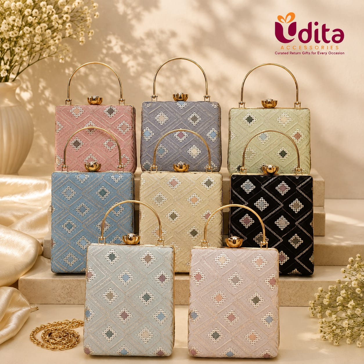 Designer Embroidered Metal Handle Clutch Purse for Women