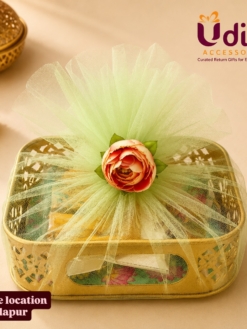 Lotus print metal tray return gift hamper with brocade blouse piece, Haldi Kumkum set and glass bangles