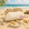Cream seashell embellished clutch bag with pearl detailing and gold chain strap for women