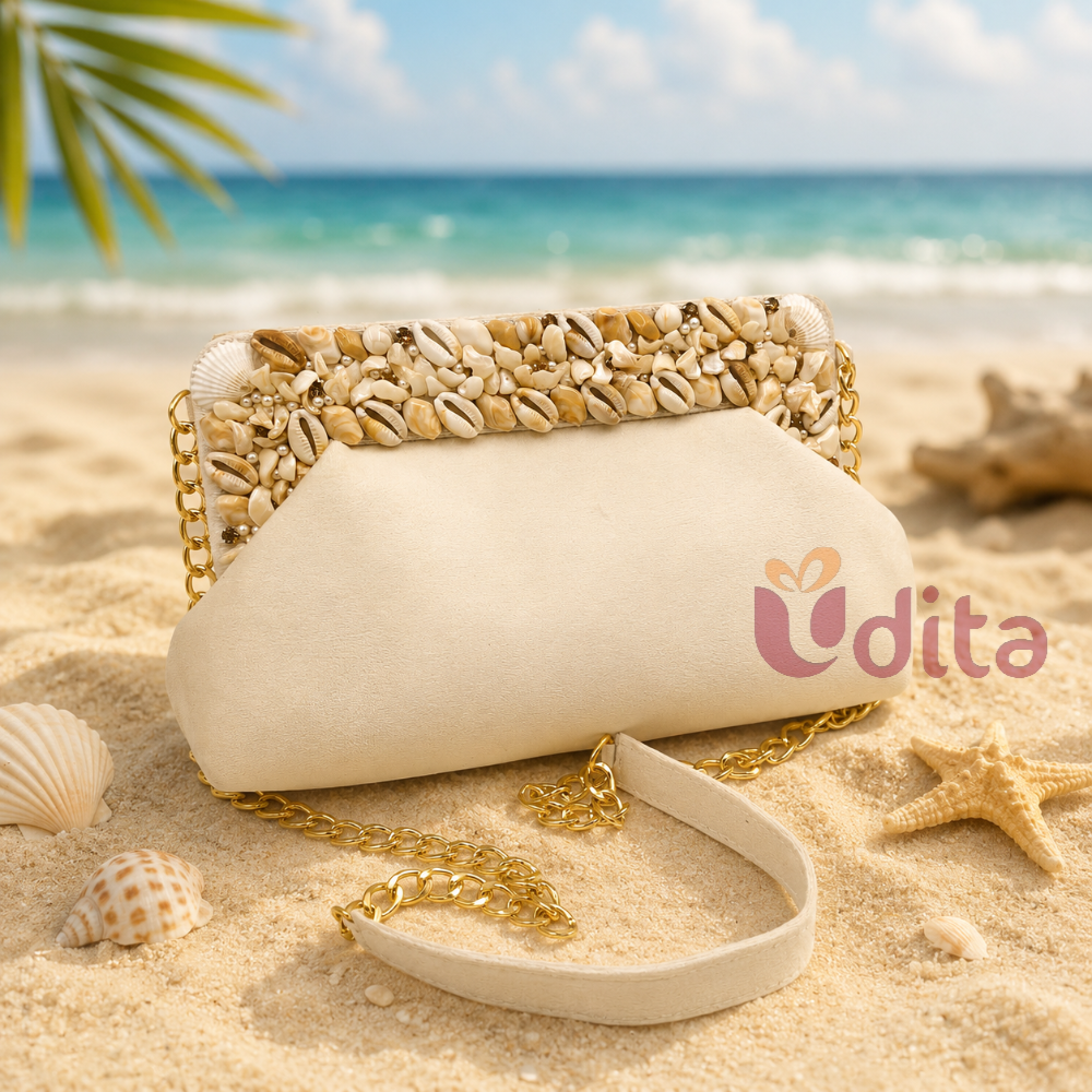 Cream seashell embellished clutch bag with pearl detailing and gold chain strap for women