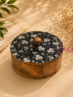 Wooden roti box with floral printed lid for chapati and bread storage