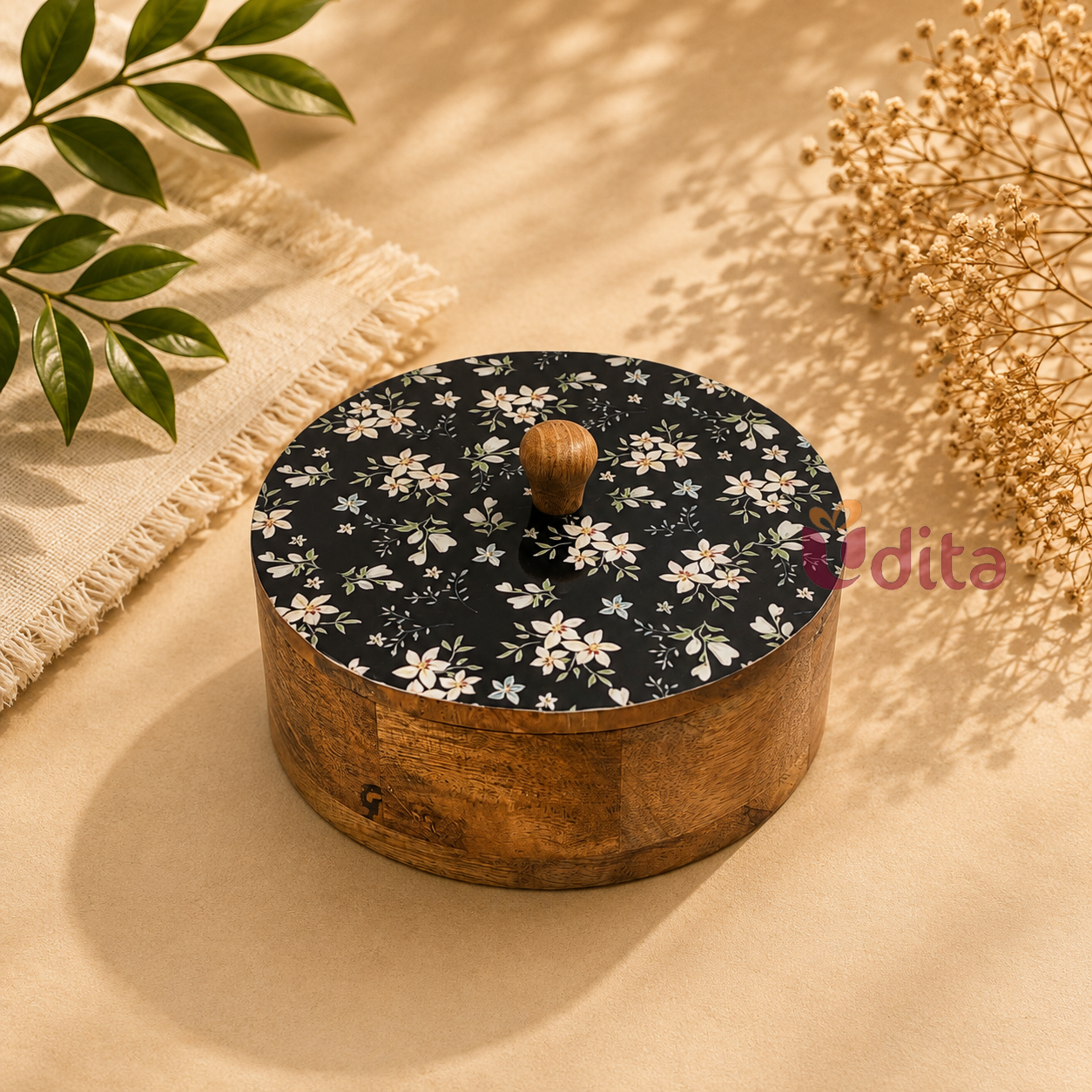 Wooden roti box with floral printed lid for chapati and bread storage