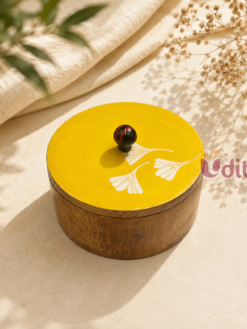 wooden roti box with yellow floral lid for chapati and roti storage