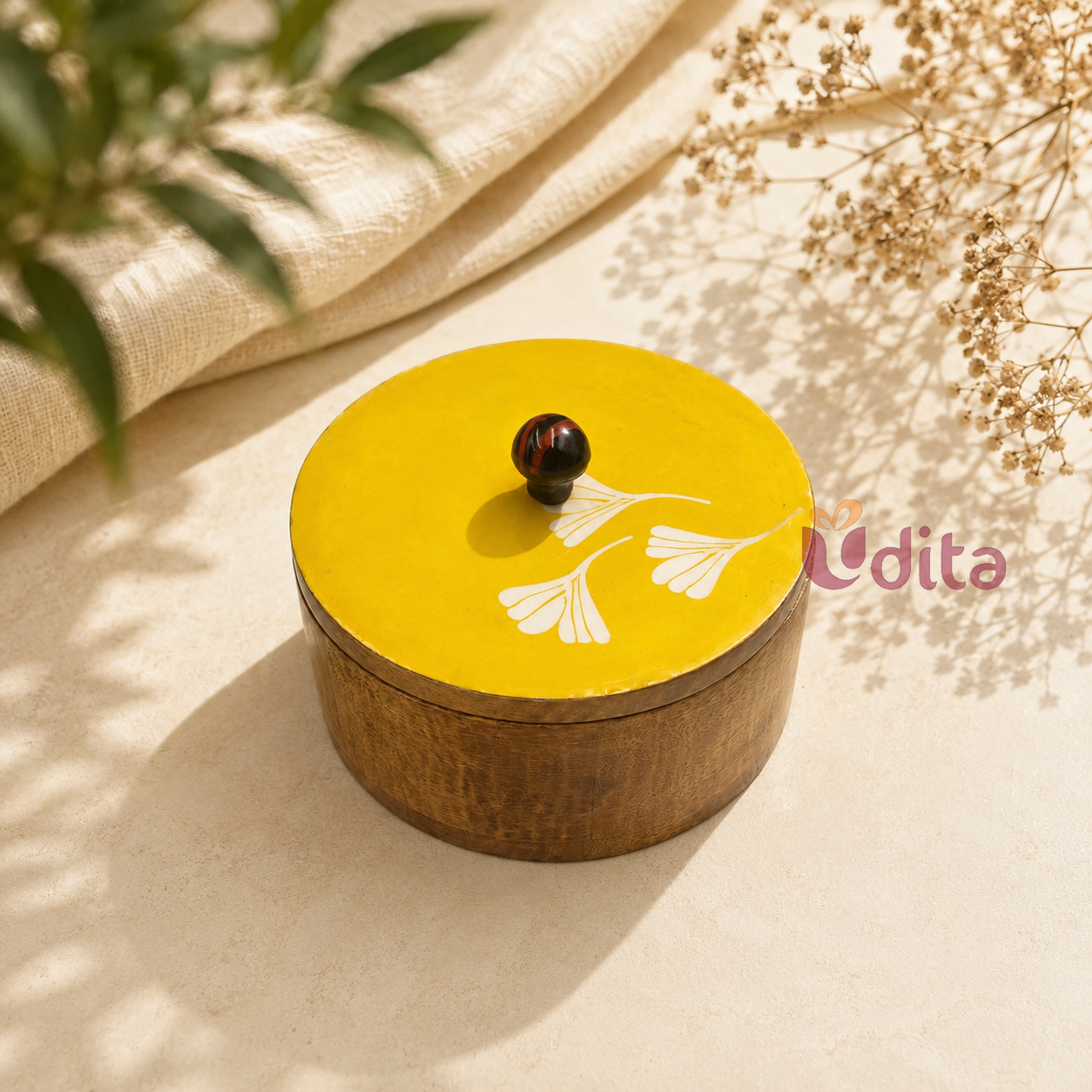 Wooden Roti Box with Yellow Floral Lid wooden roti box with yellow floral lid for chapati and roti storage