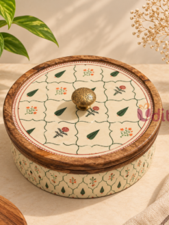 premium wooden roti box with floral design and decorative lid