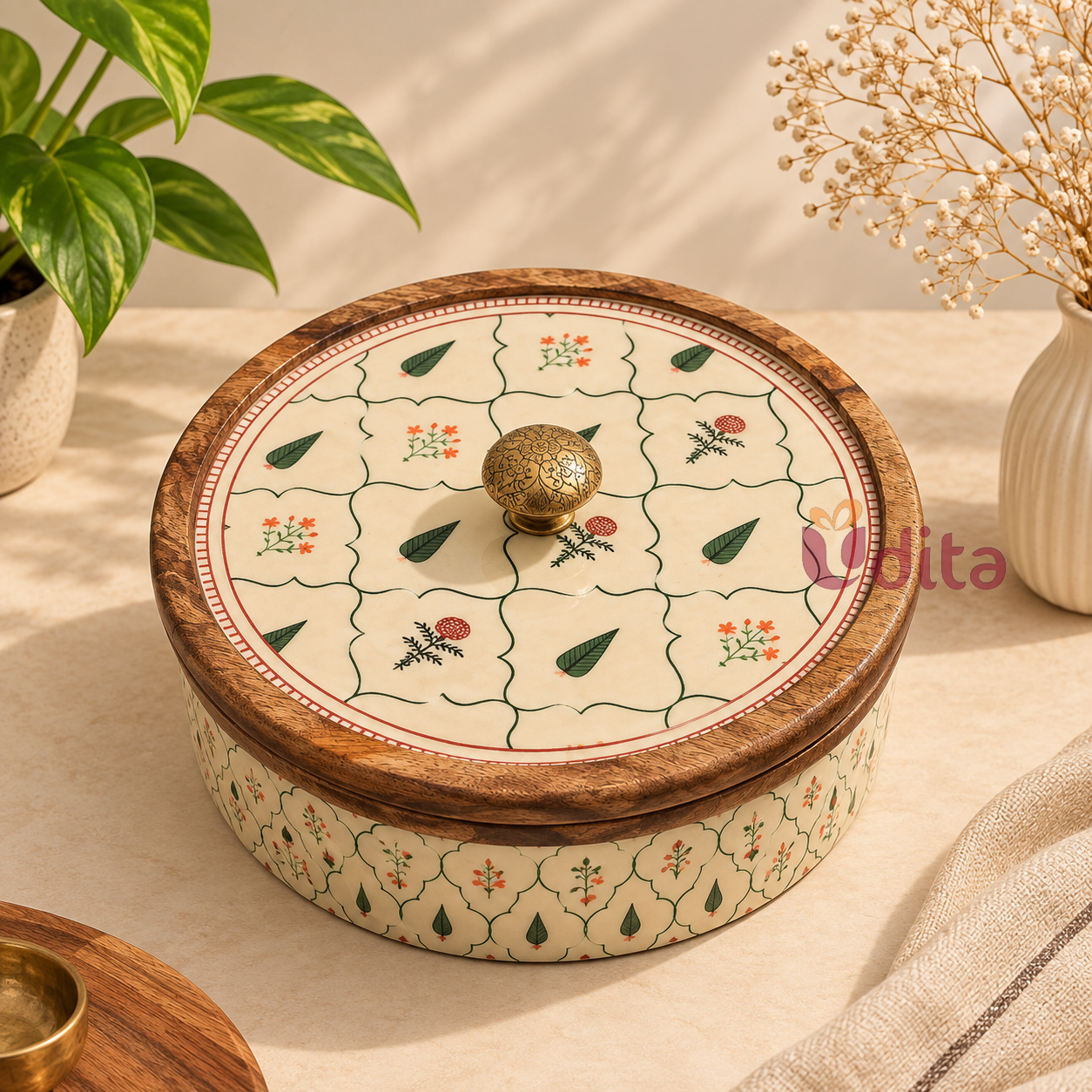 premium wooden roti box with floral design and decorative lid