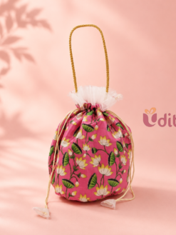 Premium 10 inch pink lotus floral potli bag for wedding return gifts