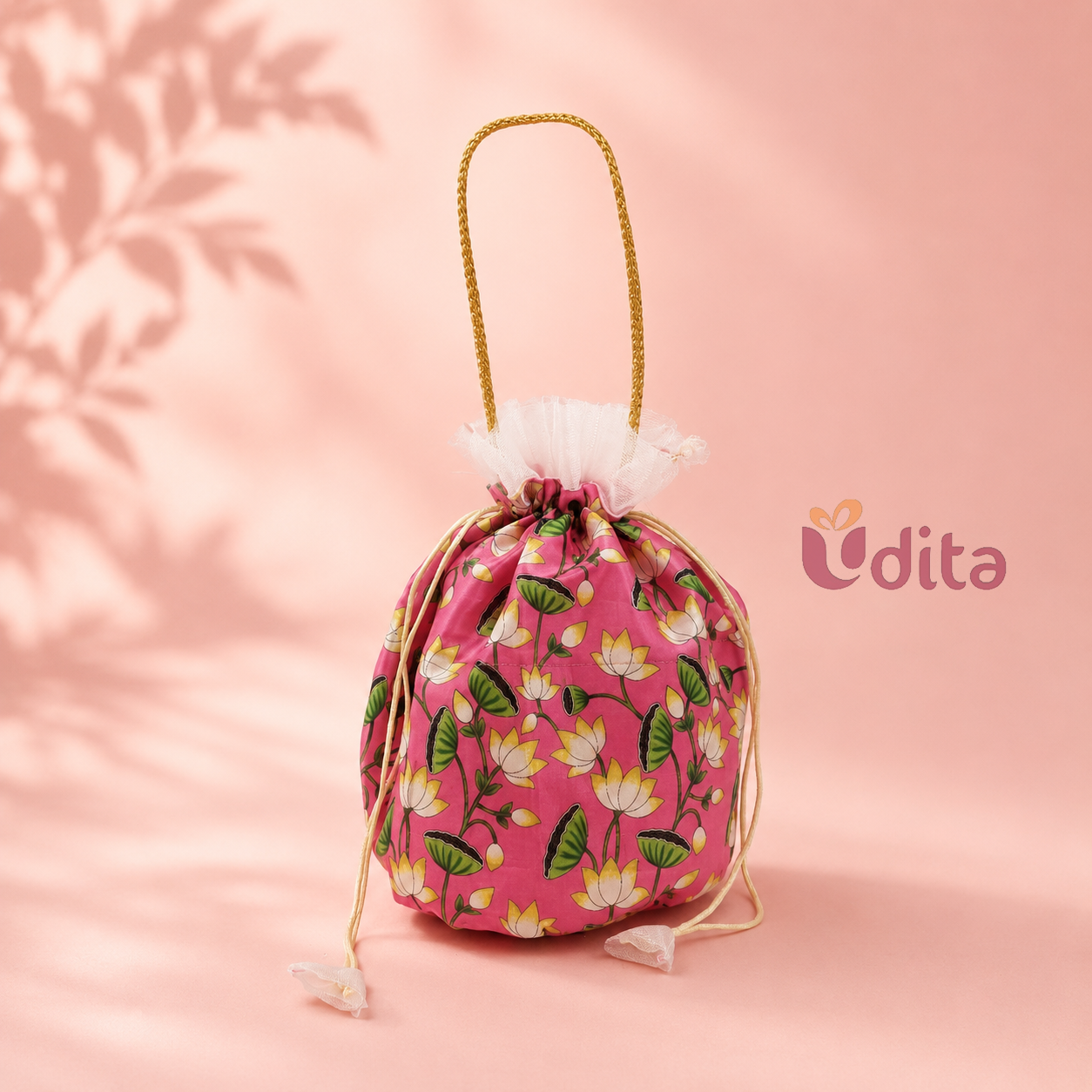 Premium 10 inch pink lotus floral potli bag Premium 10 inch pink lotus floral potli bag for wedding return gifts