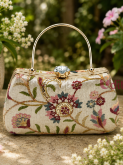 Floral embroidered clutch with metal frame and decorative clasp
