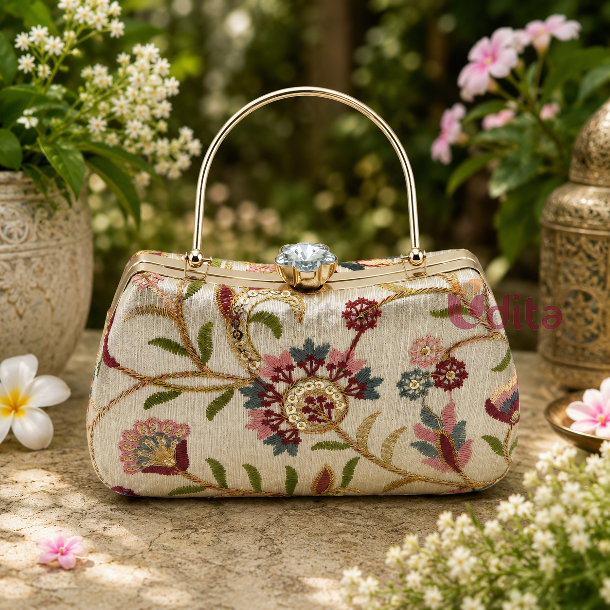 Floral embroidered clutch with metal frame and decorative clasp