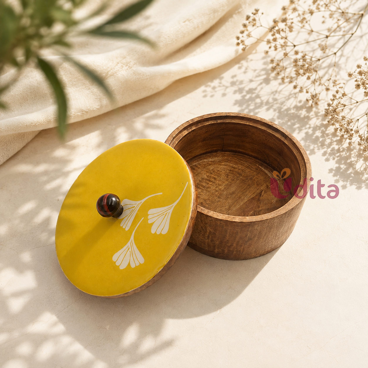 Wooden Roti Box with Yellow Floral
