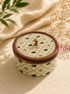 wooden roti box with floral patterned lid for chapati and roti storage