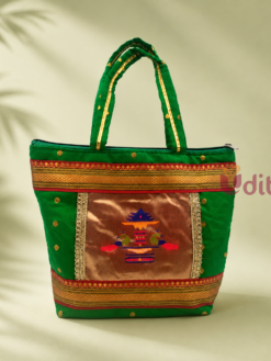 Green Paithani bag 12 x 10 inch with golden zari border for return gifts