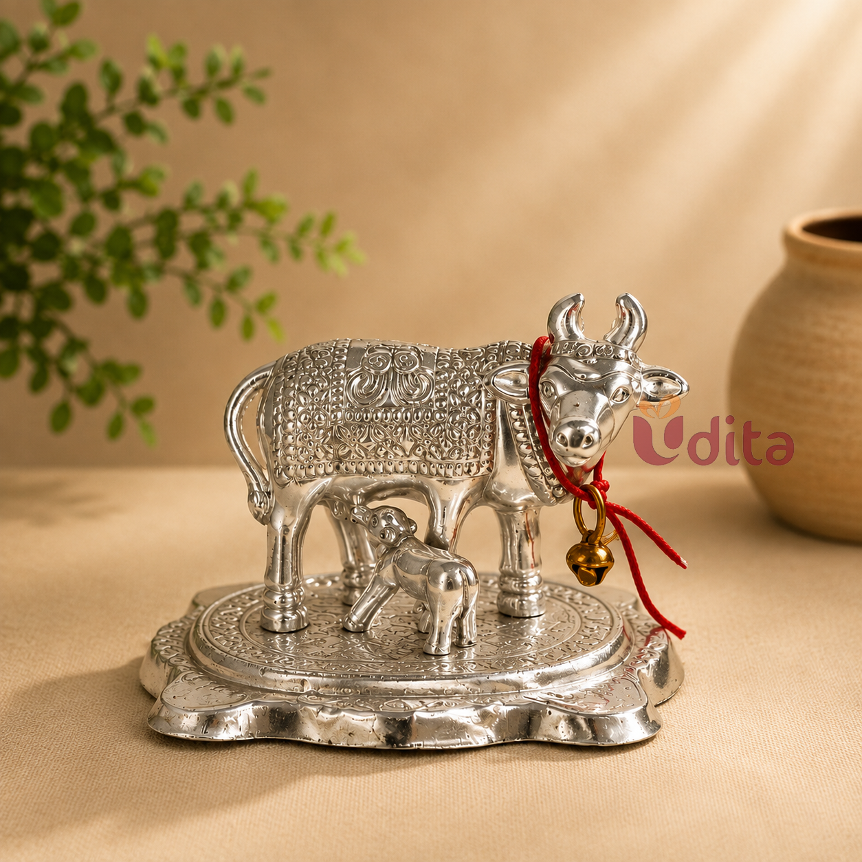 German Silver Kamadhenu Cow Idol