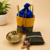 Blue and gold basket potli housewarming hamper with decorative bowl and traditional gifts