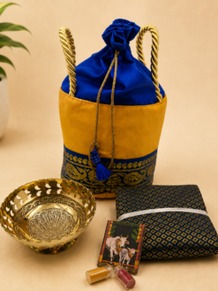 Blue and gold basket potli housewarming hamper with decorative bowl and traditional gifts