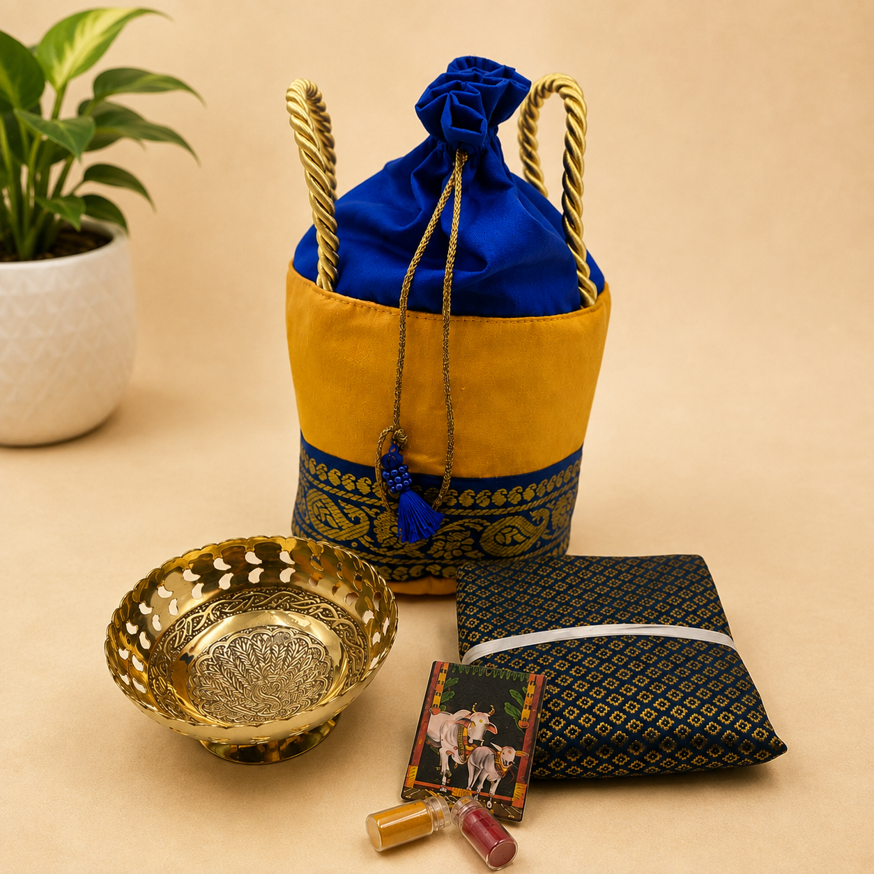Basket Potli Housewarming Hamper Blue and gold basket potli housewarming hamper with decorative bowl and traditional gifts