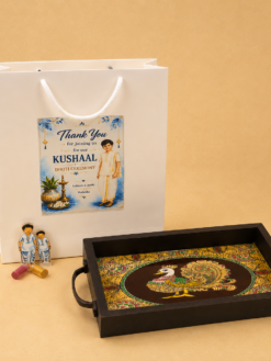 Peacock wooden tray combo with gift bag for Dhoti Ceremony return gifts