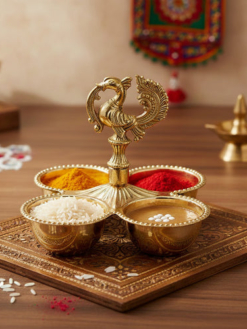 Peacock haldi kumkum set with four compartments for traditional pooja and return gifts